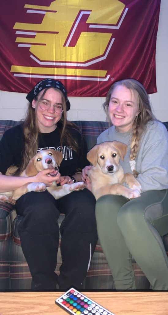 Above is Abbie Slate (left) and Jessica Tauriainen (right) holding their foster pups (center) in their home. Photograph courtesy of Abbie Slate.